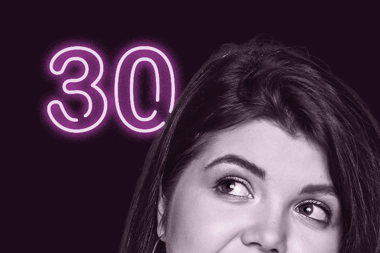 Woman staring up from the corner of her eye with the number 30 floating beside her.