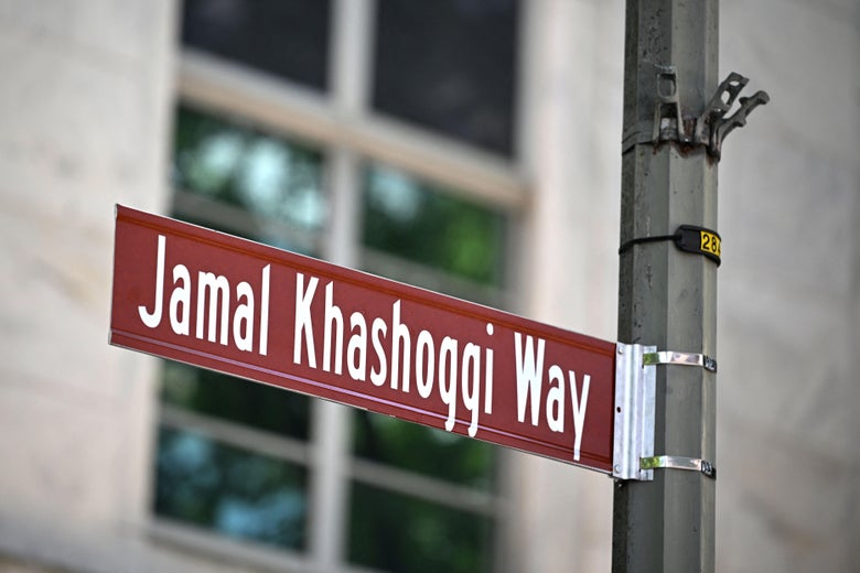 A street sign for Jamal Khashoggi Way outside of the Embassy of Saudi Arabia in Washington, DC on June 15, 2022.