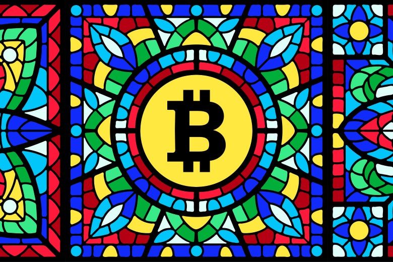 A stained-glass window with the Bitcoin symbol in the middle.